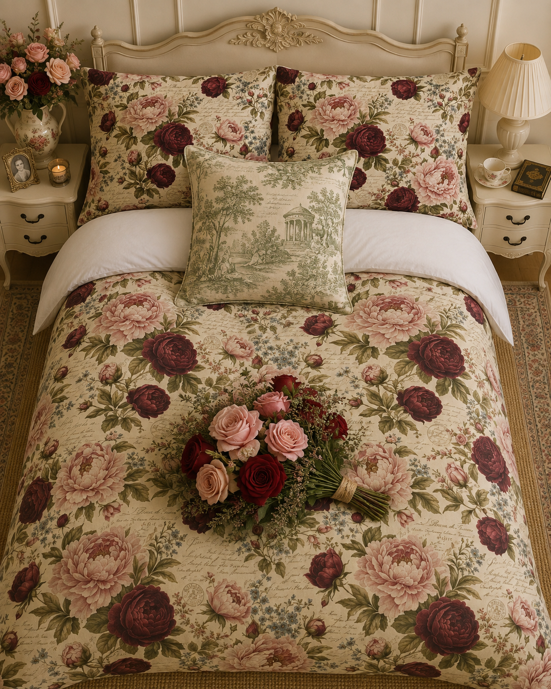 Chateaucore Soft Pink Burgundy Peonies Floral Comforter Set Floral Vintage Style Bedding Shabby Chic Victorian Queen King Twin French Romantic Bed