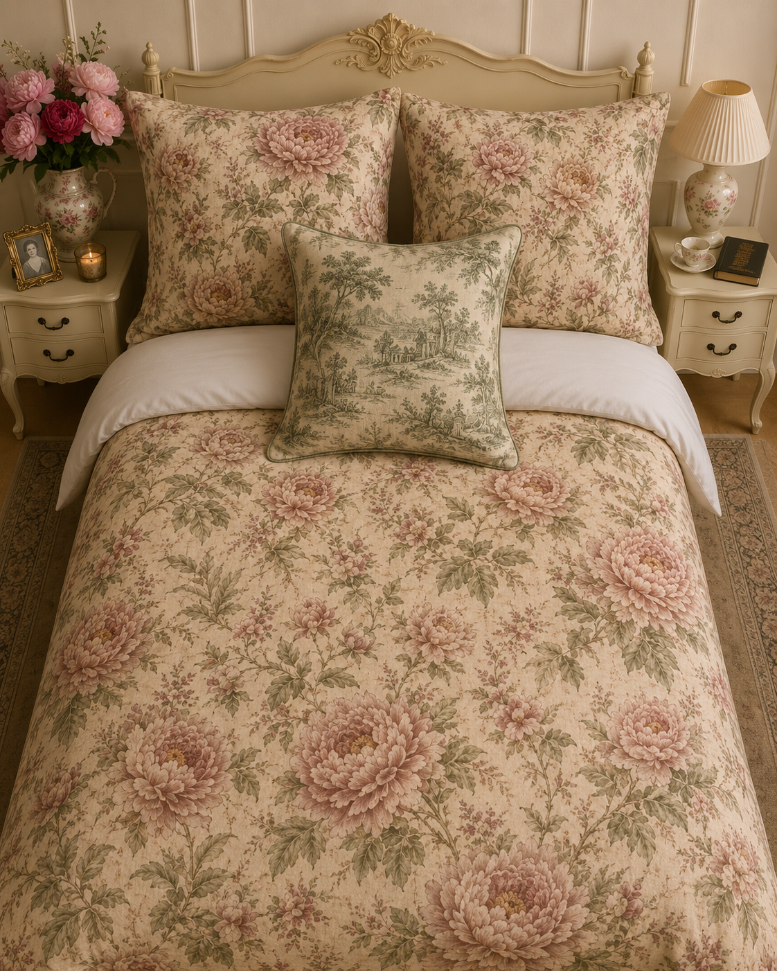 Vintage Peony Comforter or Duvet Cover Set, Chateaucore Bedding, Cottagecore Floral, French Country Bedroom Decor, Romantic Heirloom Bedspread