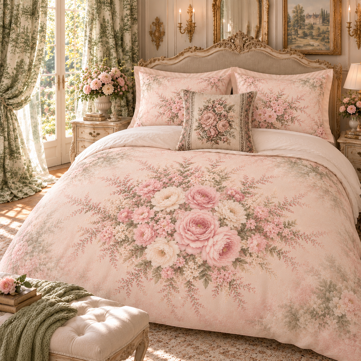 Blush Rose Chateau Comforter or Duvet Cover Set, French Country Twin XL Full Queen King Bedding – Romantic Floral Bedspread