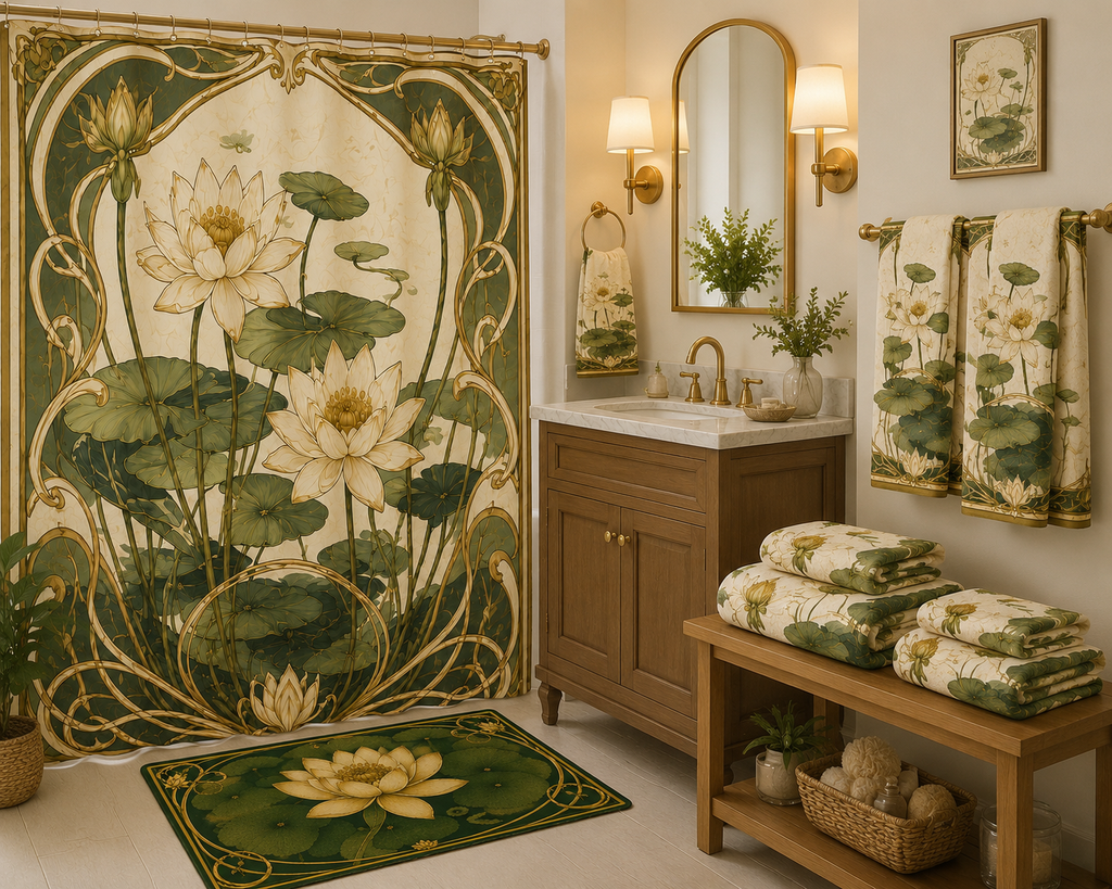Art Nouveau Water Lily Bathroom 5-Piece Set Shower Curtain, Memory Foam Bath Mat Towel Set, French Country Chateaucore Botanical Decor