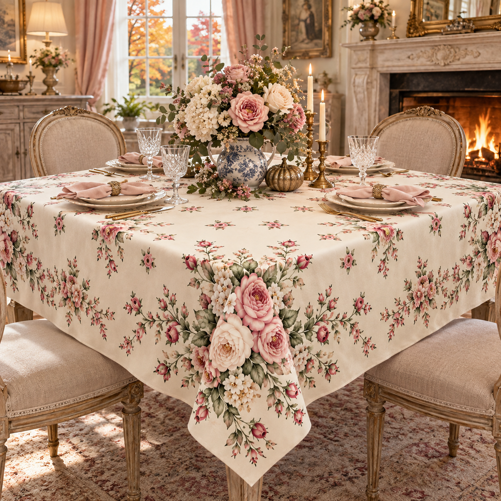 Victorian Blush Rose Floral Tablecloth 100% Cotton Twill, Pink & Ivory Shabby Chic French Country Table Linen, 58x58 or 58x102
