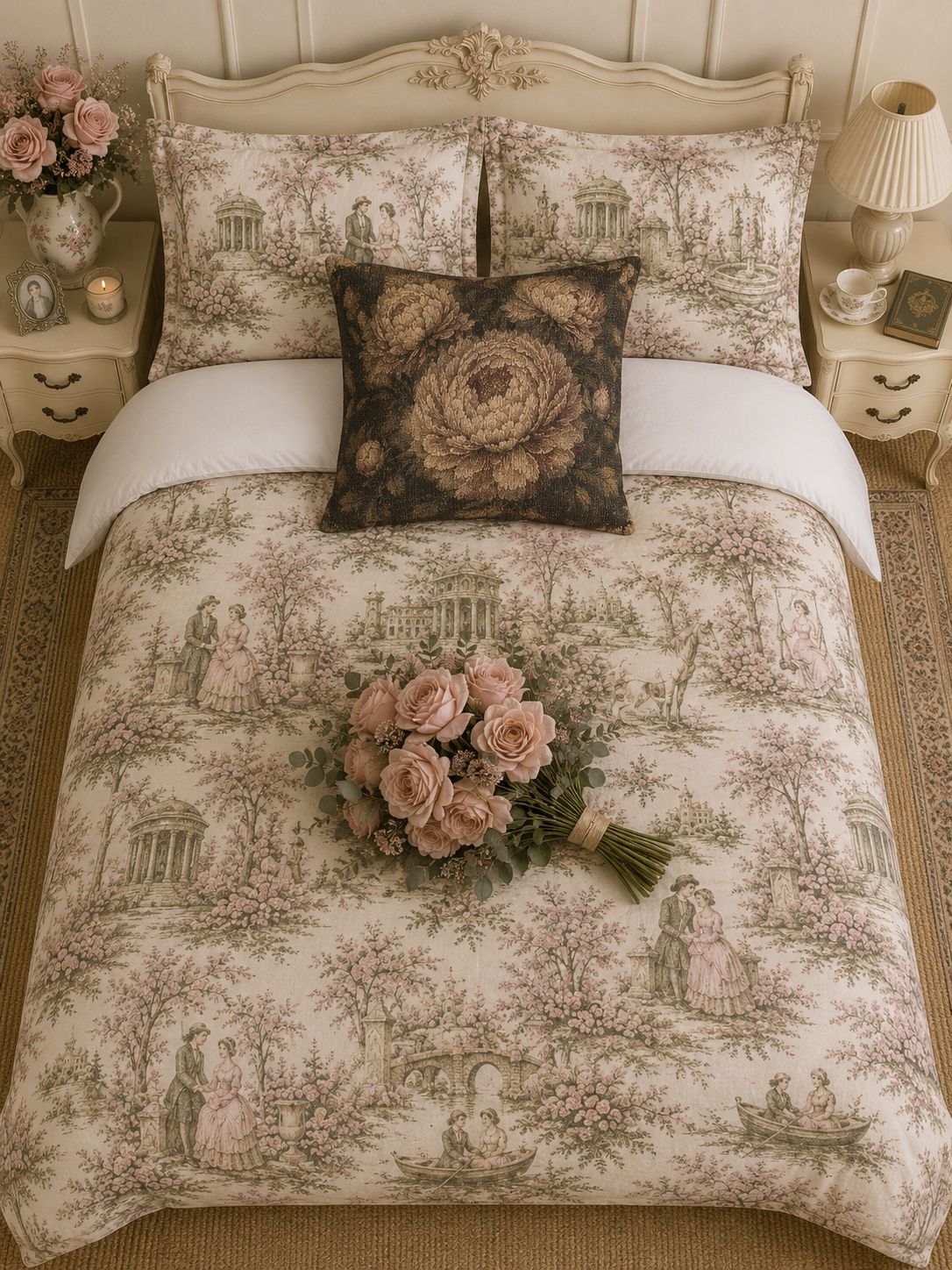 Rare Pink and Sage Toile de Joy Comforter Set, Chateaucore Floral Vintage Style Bedding Shabby Chic Victorian Queen King Twin Size French Bed Spread