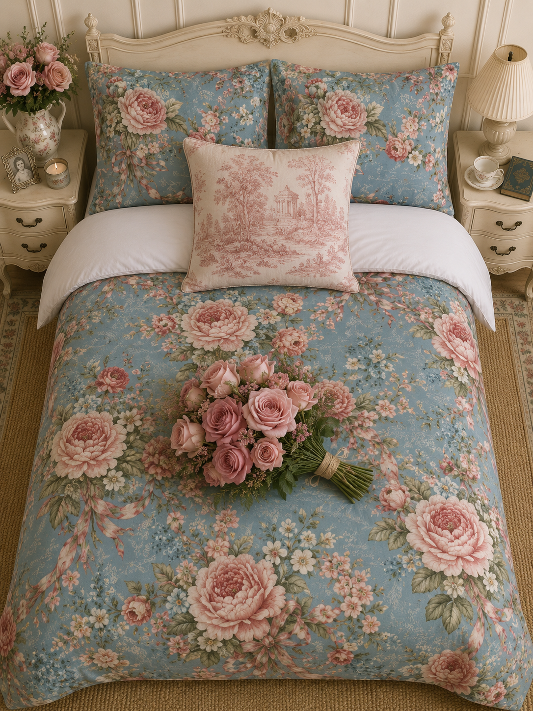 Chateaucore Dusty Blue Pink Floral Comforter Set Floral Vintage Style Bedding Shabby Chic Victorian Queen King Twin French Romantic Bed