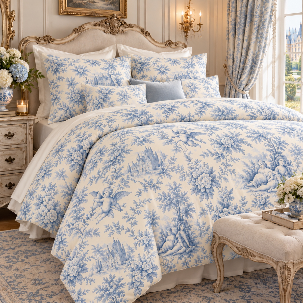 Powder Blue Chateau Toile Comforter or Duvet Set – French Country Cherub, Rose & Manor Bedding