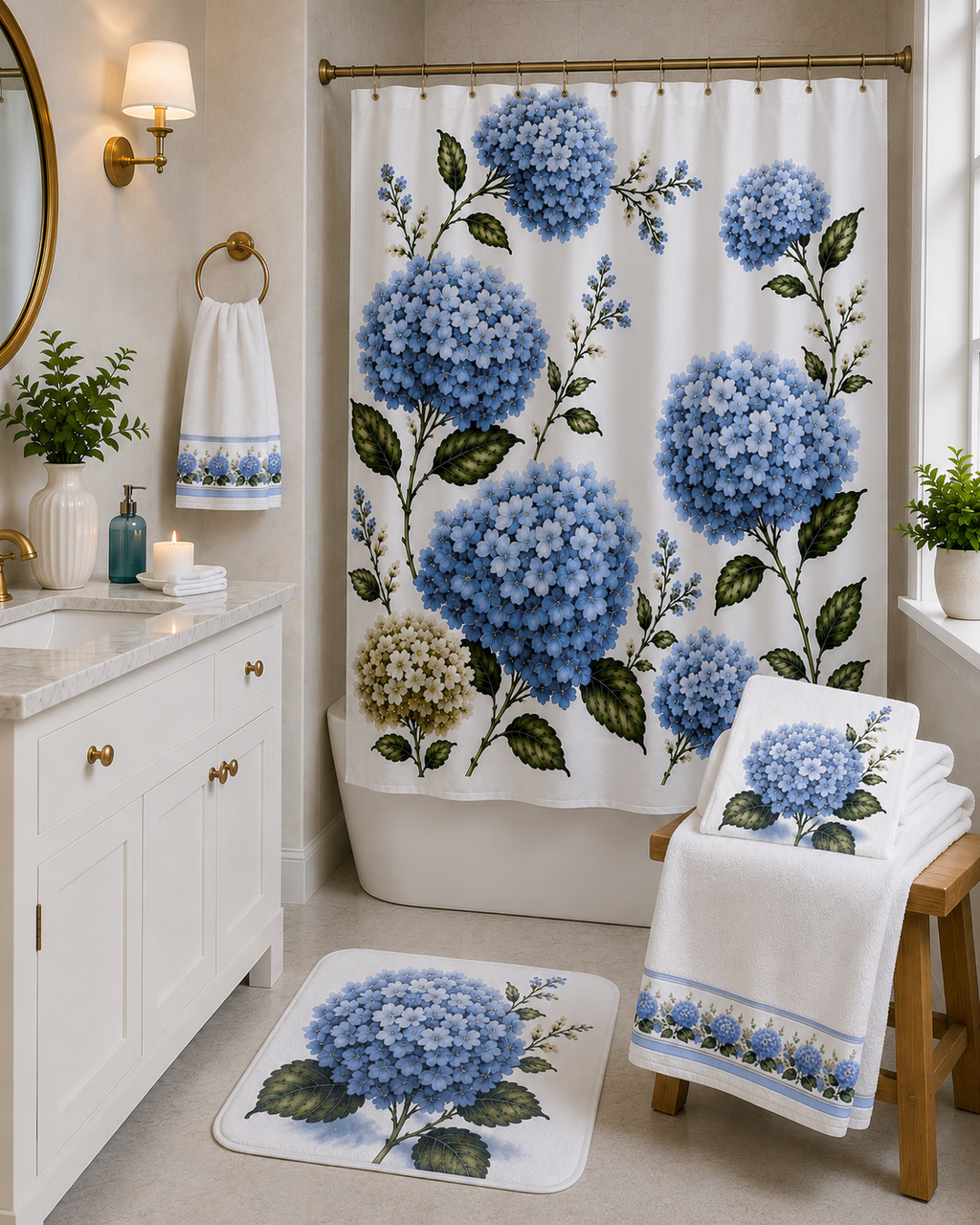 Blue Hydrangea 3-Piece Towel Set – Bath Towel, Hand Towel & Washcloth – French Country Grandmillennial Bathroom Decor