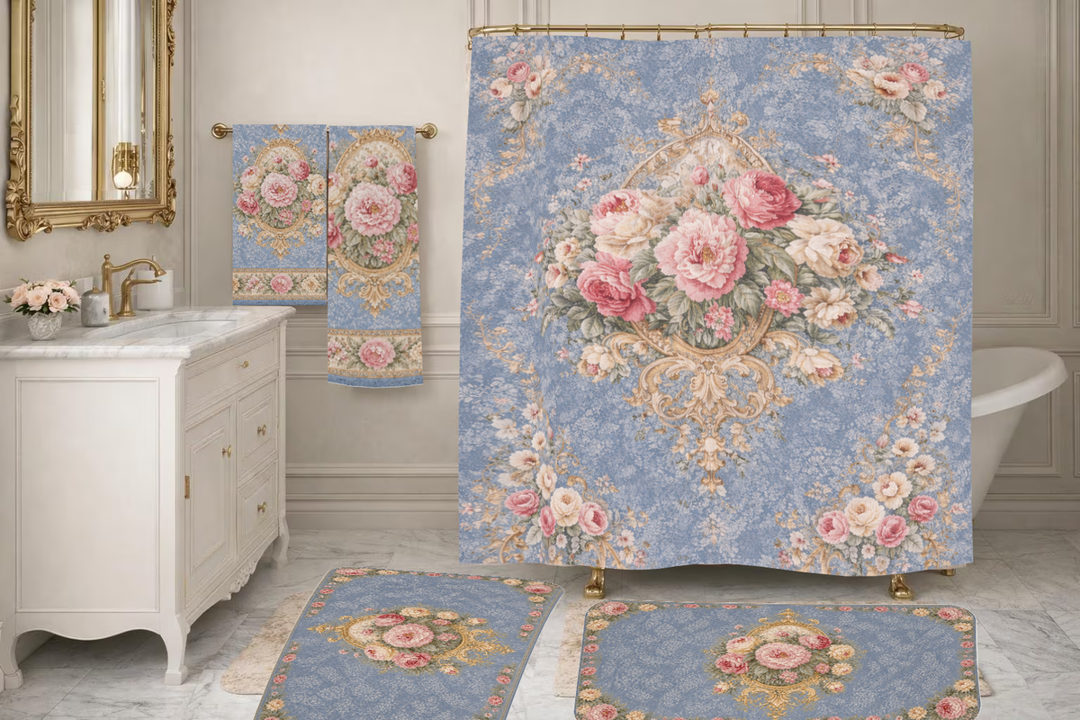 Dusty Blue Blush Bath 3-Piece Towel Set, Matching Roses Bouquet Gold Victorian Rococo Chateaucore Bathroom Accents