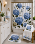 Blue Hydrangea 5 Piece Bathroom Set – Shower Curtain, Memory Foam Bath Mat & Towels, French Country Chateaucore Grandmillennial Decor