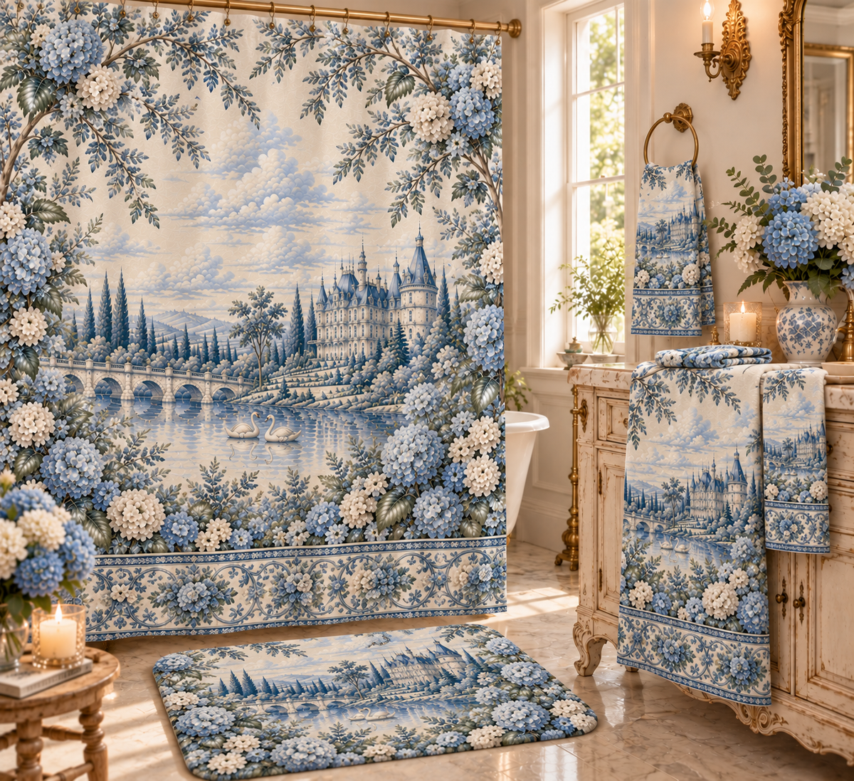 Blue Hydrangea Château Garden 3-Piece Towel Set – French Country Bath Towel, Hand Towel & Washcloth, Blue Toile Chateaucore Bathroom Decor