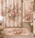 Blush Rose Bathroom 5-Piece Bundle Floral Shower Curtain, Memory Foam Bathmat Matching Towels, Romantic French Country Chateaucore Decor