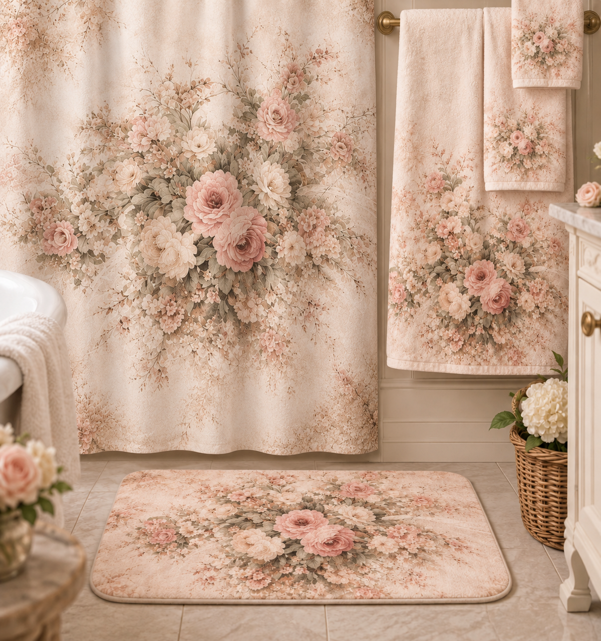 Blush Rose Bathroom 5-Piece Bundle Floral Shower Curtain, Memory Foam Bathmat Matching Towels, Romantic French Country Chateaucore Decor