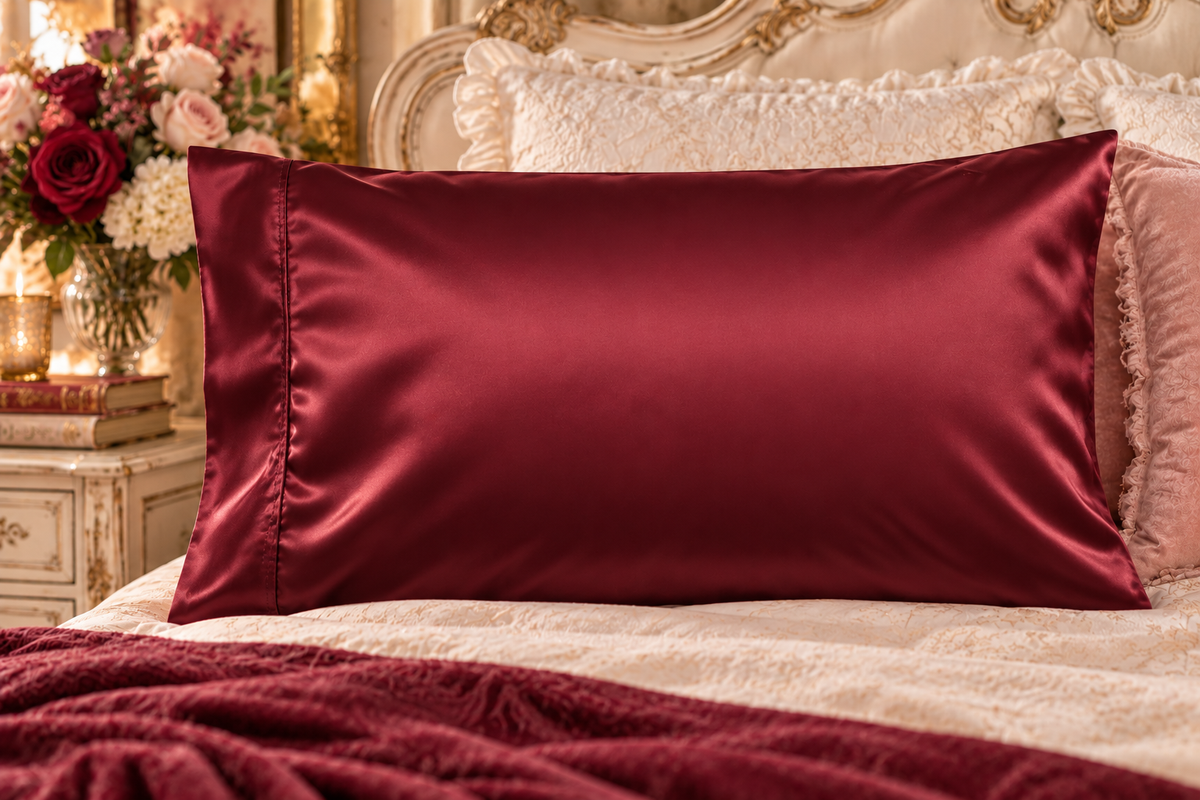Satin Pillowcase — Luxurious Burgundy Hair & Skin-Saving Pillow Cover, Luxury Dark Red Romantic Bedding Gift