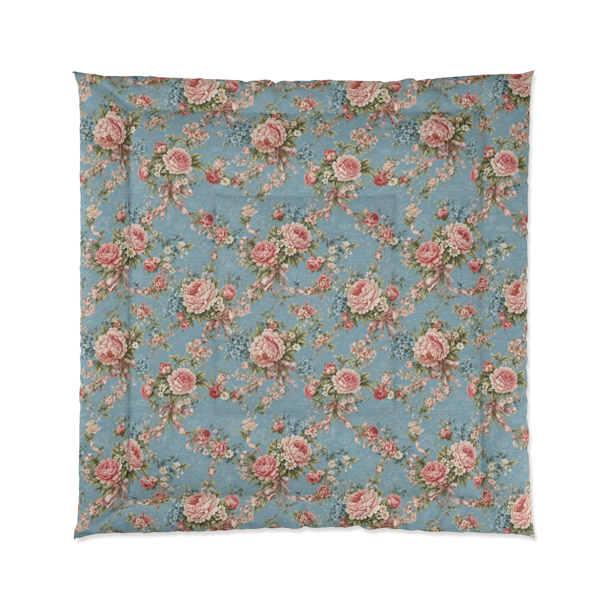 Chateaucore Dusty Blue Pink Floral Comforter or Duvet Cover Set Floral Vintage Style Bedding Shabby Chic Victorian Queen King Twin French Romantic Bedspread