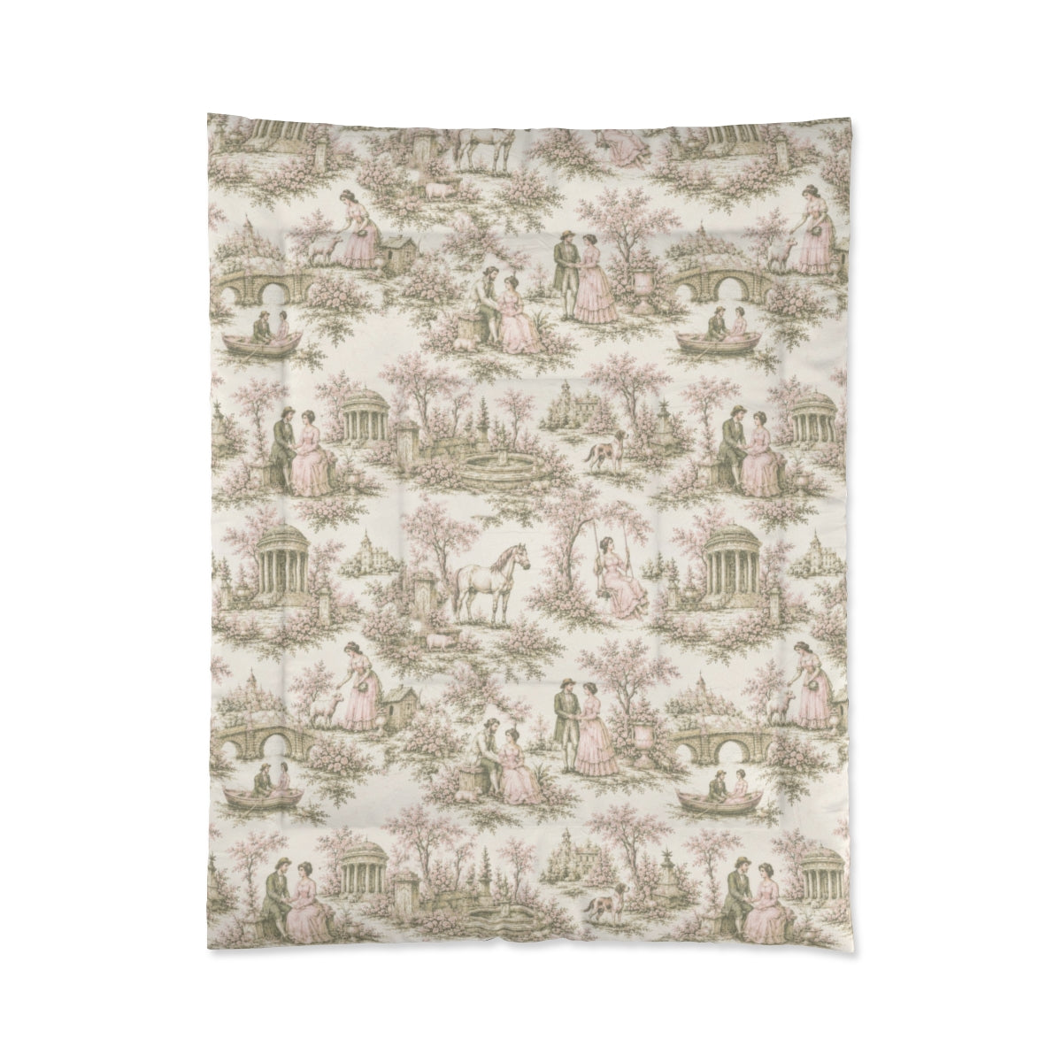 Pink and Sage Toile de Joy Comforter or Duvet Cover Set, Chateaucore Floral Vintage Style Bedding Shabby Chic Victorian Queen King Twin French Bedspread