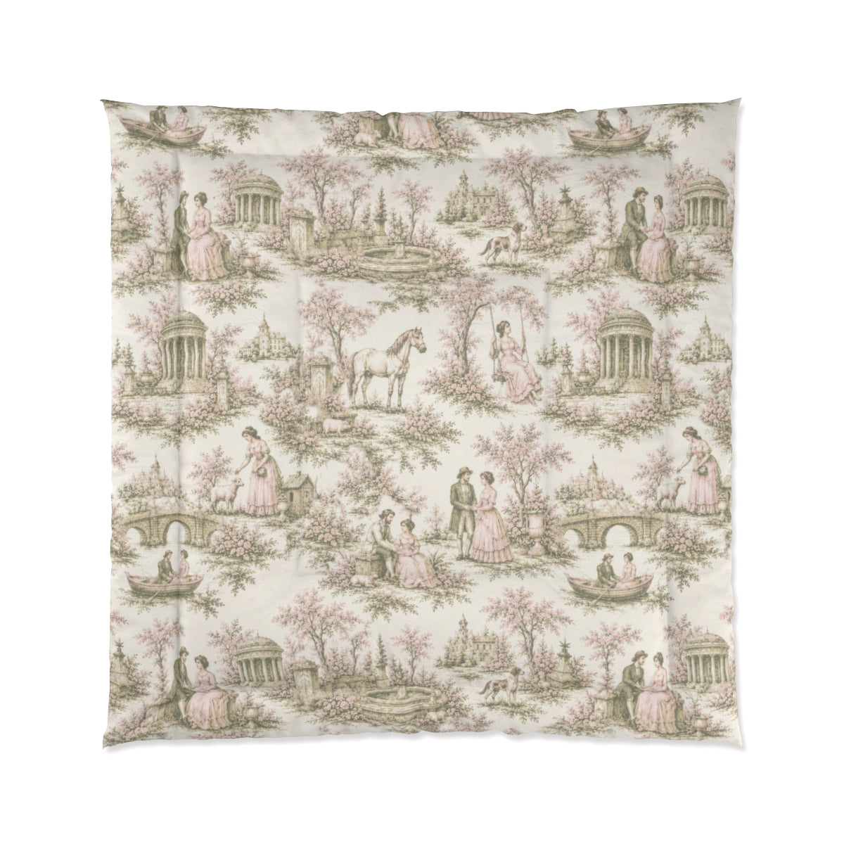 Pink and Sage Toile de Joy Comforter or Duvet Cover Set, Chateaucore Floral Vintage Style Bedding Shabby Chic Victorian Queen King Twin French Bedspread
