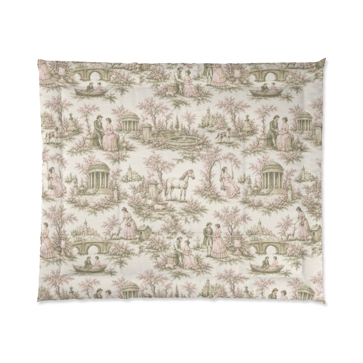 Pink and Sage Toile de Joy Comforter or Duvet Cover Set, Chateaucore Floral Vintage Style Bedding Shabby Chic Victorian Queen King Twin French Bedspread
