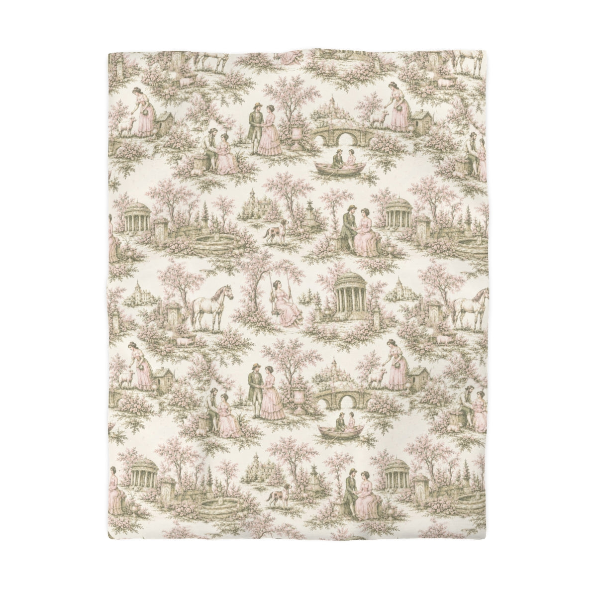 Pink and Sage Toile de Joy Comforter or Duvet Cover Set, Chateaucore Floral Vintage Style Bedding Shabby Chic Victorian Queen King Twin French Bedspread