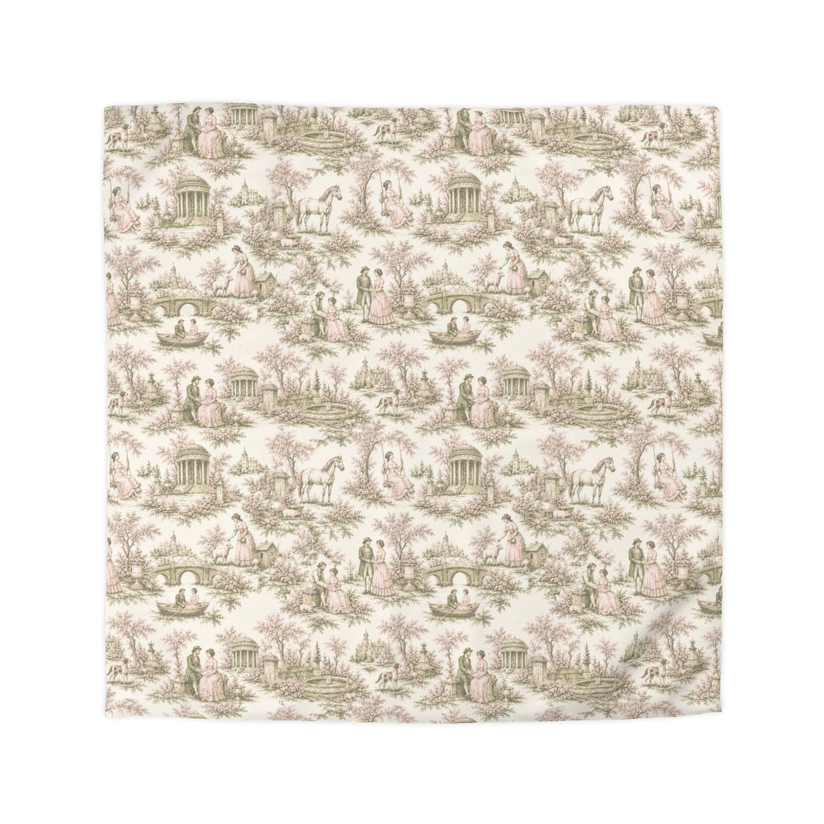 Pink and Sage Toile de Joy Comforter or Duvet Cover Set, Chateaucore Floral Vintage Style Bedding Shabby Chic Victorian Queen King Twin French Bedspread