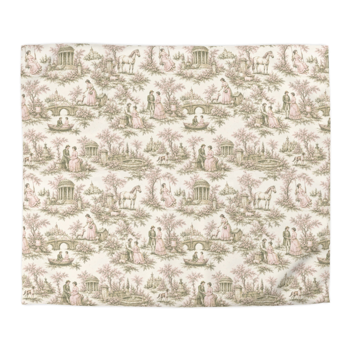 Pink and Sage Toile de Joy Comforter or Duvet Cover Set, Chateaucore Floral Vintage Style Bedding Shabby Chic Victorian Queen King Twin French Bedspread