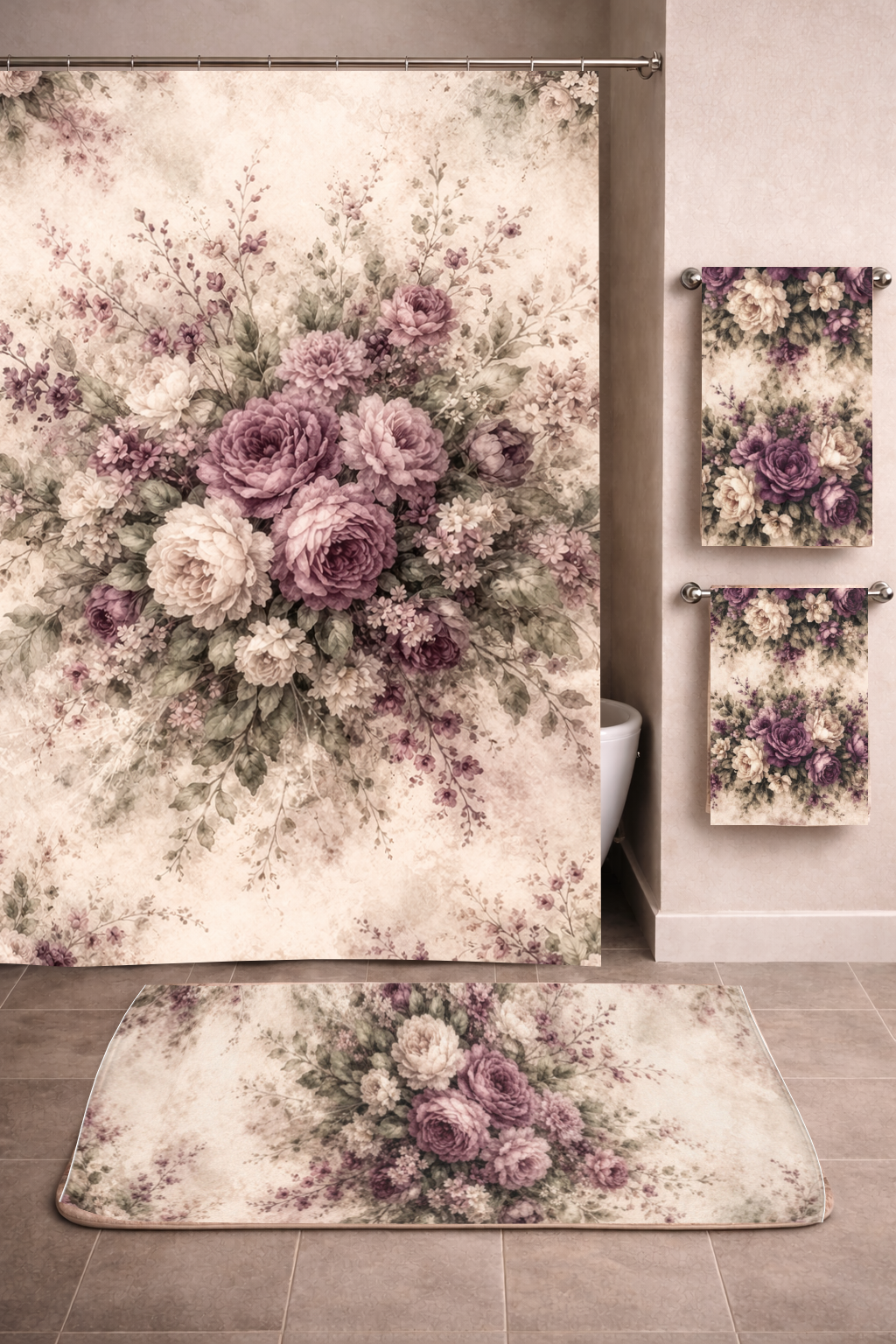 Vintage Muted Plum 3-Piece Rose Garden Towel Set