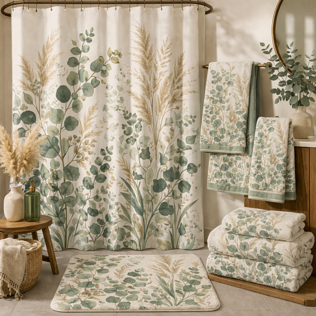 Eucalyptus & Pampas Grass Towel Set – Sage Green Botanical Bath, Hand & Wash Towels, Neutral Spa French Country Bathroom Decor