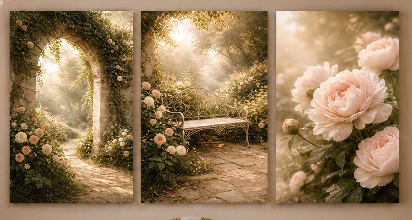 Romantic French Garden Triptych Wall Art Blush Roses, 3-Piece Set Stone Archway Shabby Chic Chateaucore French Country Decor