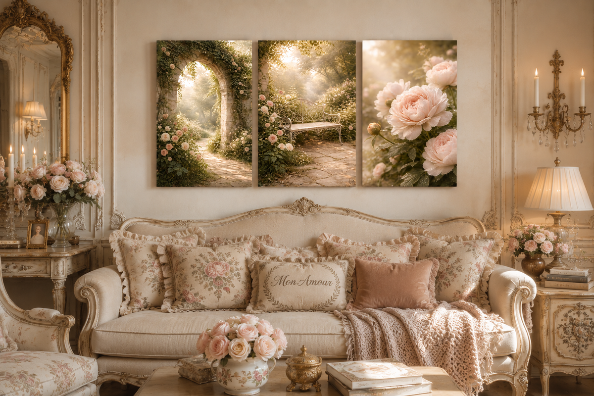 Romantic French Garden Triptych Wall Art Blush Roses, 3-Piece Set Stone Archway Shabby Chic Chateaucore French Country Decor