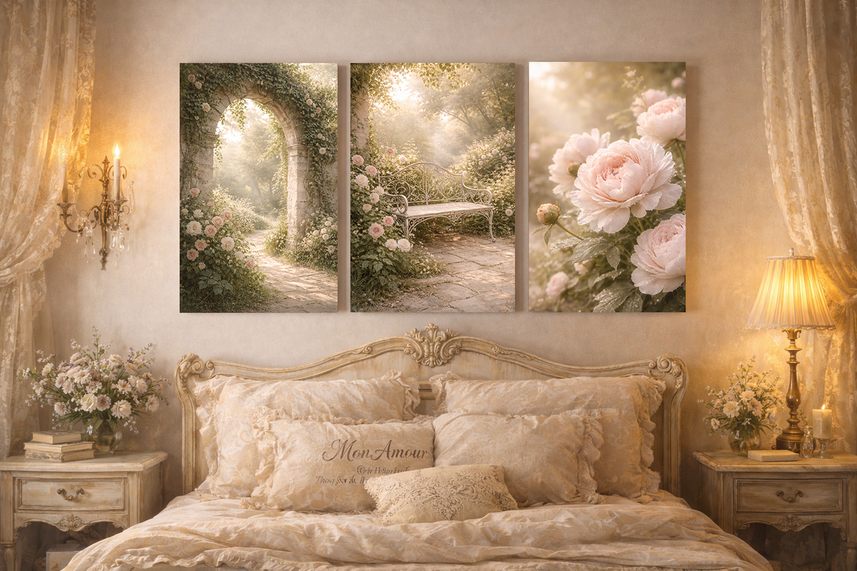 Romantic French Garden Triptych Wall Art Blush Roses, 3-Piece Set Stone Archway Shabby Chic Chateaucore French Country Decor