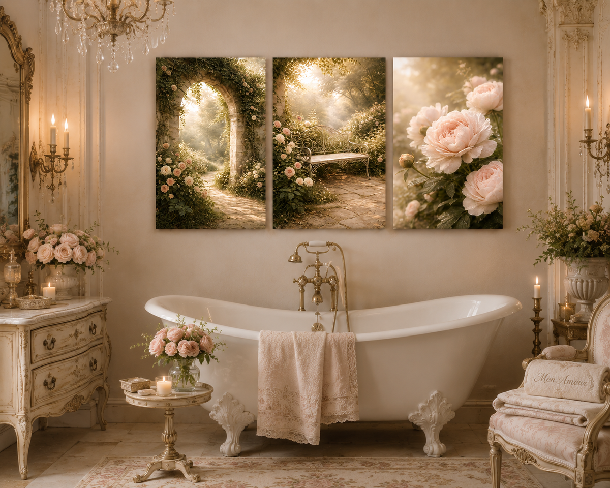Romantic French Garden Triptych Wall Art Blush Roses, 3-Piece Set Stone Archway Shabby Chic Chateaucore French Country Decor