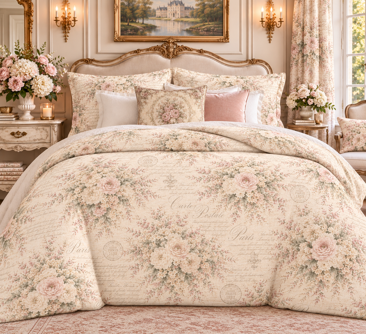 Love Letter Chateau, Ivory Blush Rose French Script Comforter Set, Romantic Chateaucore Victorian Floral Bedding