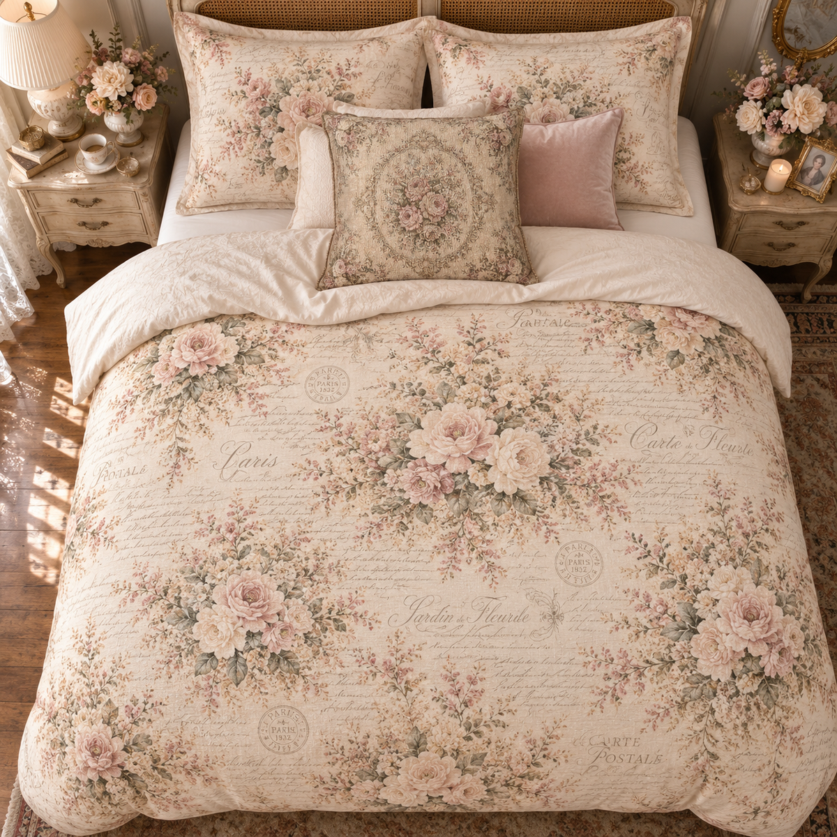 Love Letter Chateau, Ivory Blush Rose French Script Comforter Set, Romantic Chateaucore Victorian Floral Bedding