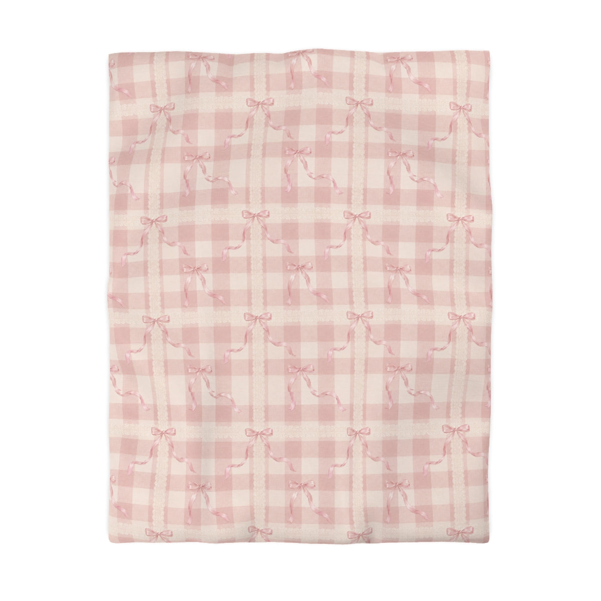 Pink Coquette Comforter or Duvet Cover Set, French Country Bedding Shabby Chic Gingham Lace Bow Bedspread Cottagecore Bedroom Decor