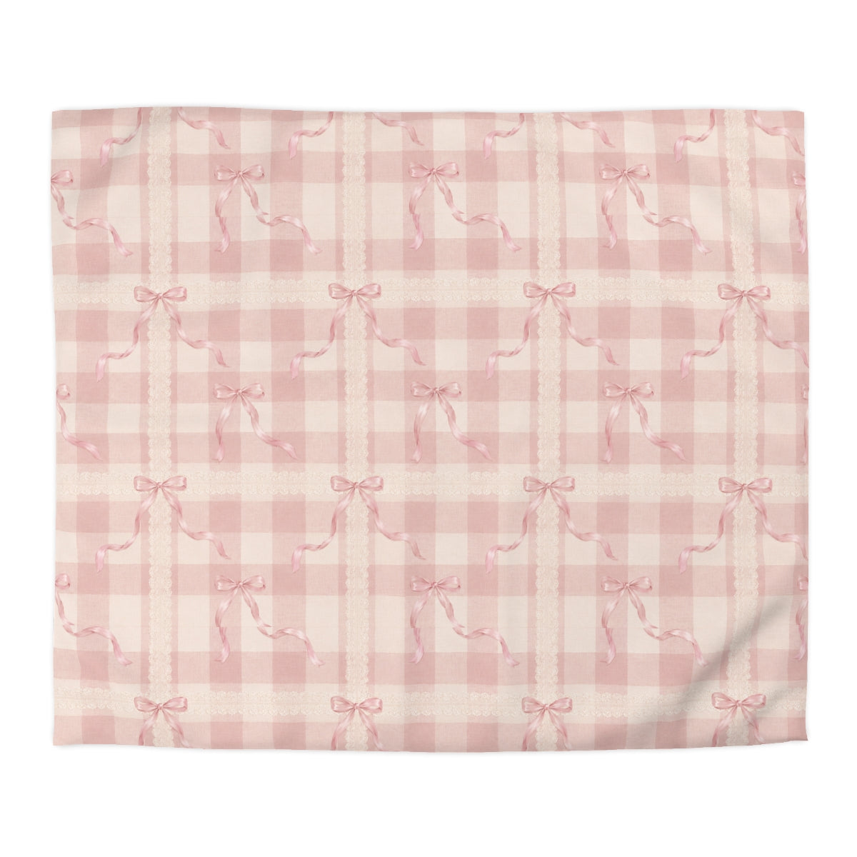 Pink Coquette Comforter or Duvet Cover Set, French Country Bedding Shabby Chic Gingham Lace Bow Bedspread Cottagecore Bedroom Decor
