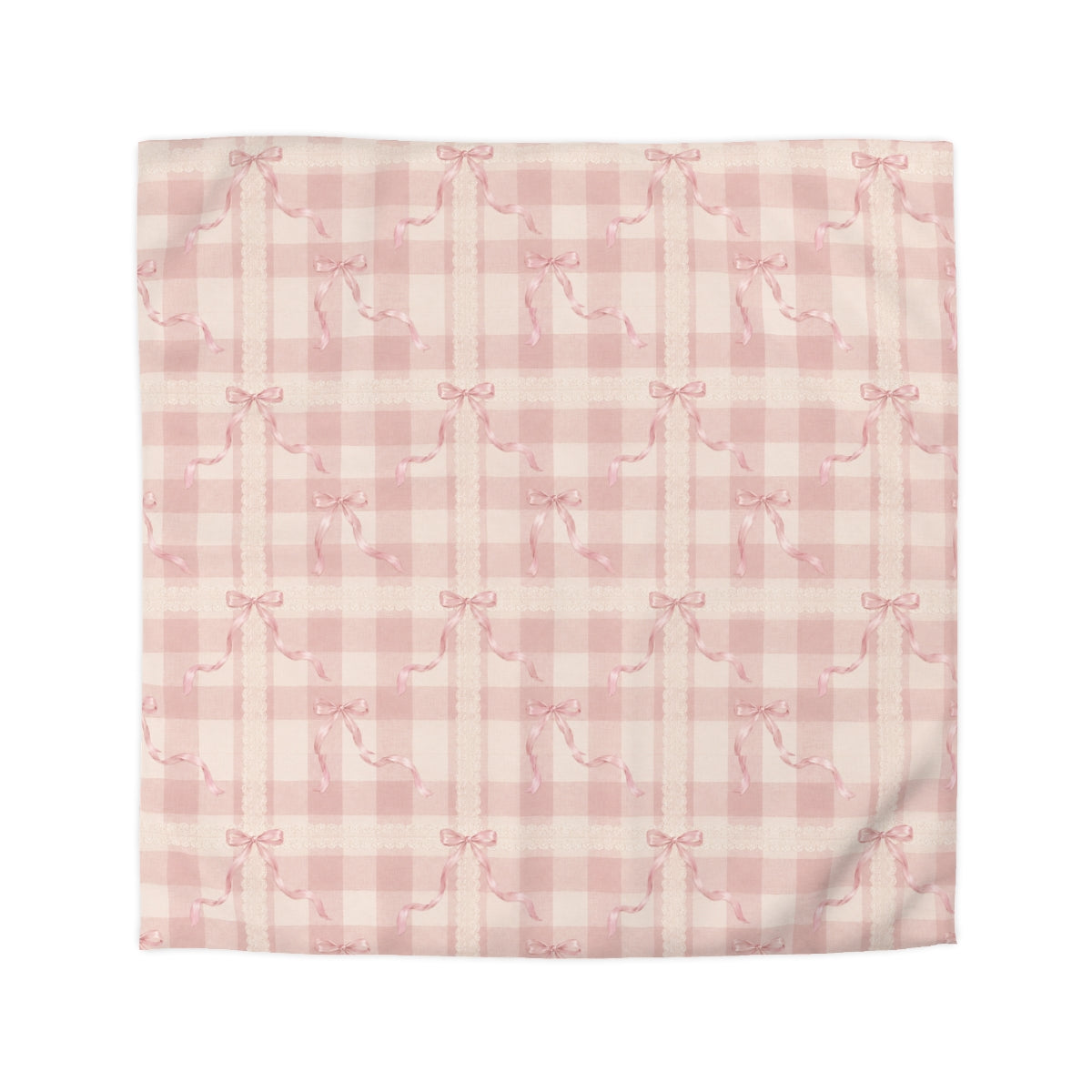 Pink Coquette Comforter or Duvet Cover Set, French Country Bedding Shabby Chic Gingham Lace Bow Bedspread Cottagecore Bedroom Decor