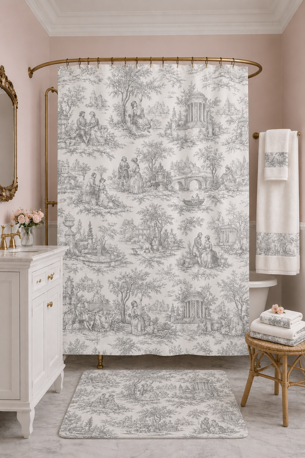 French Country Toile 5-Piece Bathroom Set – Shower Curtain, Memory Foam Bath Mat & Matching Towels, Vintage Chateaucore Bath Decor