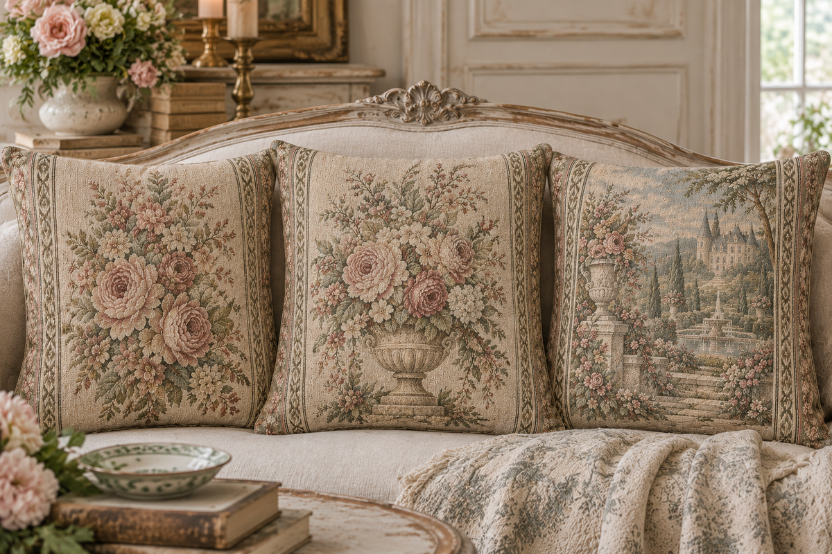 Vintage French Aubusson Woven Tapestry Pillow Set of 3 – Rose Floral, Chateau Garden & Urn Pillows, French Country Chateaucore Decor