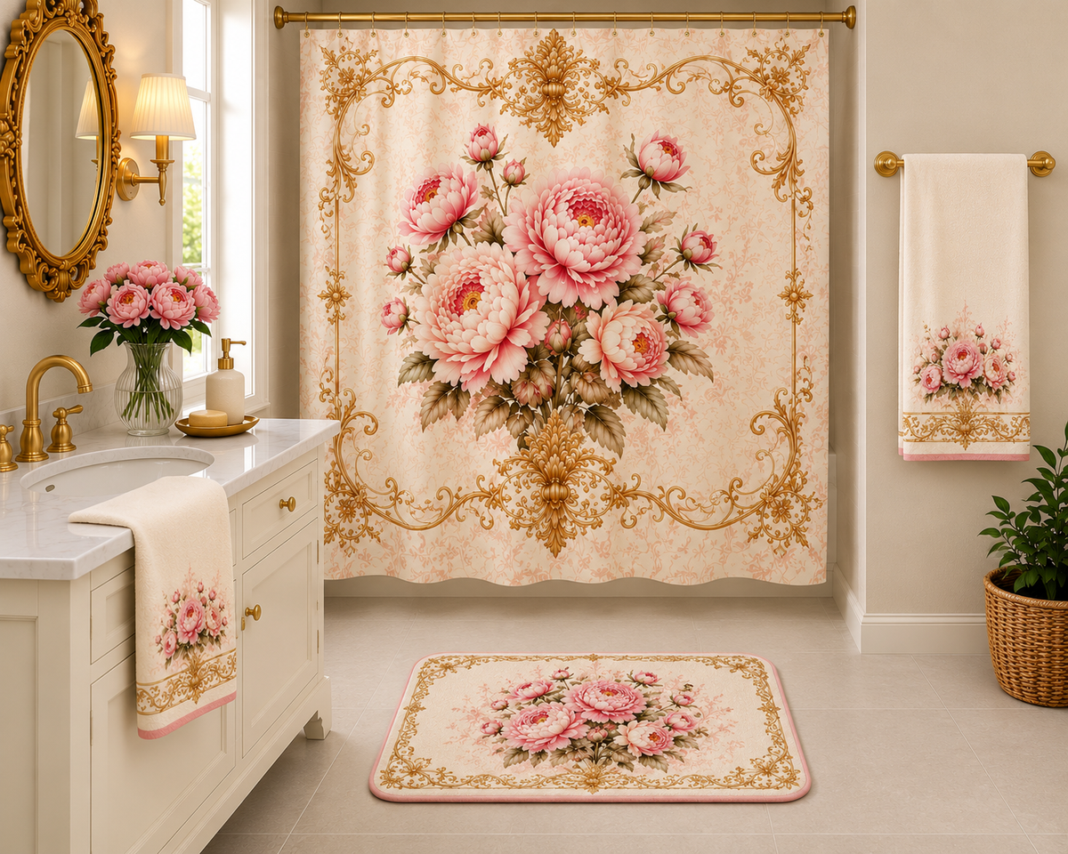 Victorian Pink Peony 3-Piece Towel Set – Bath, Hand Towel & Washcloth, Gold Floral French Country Chateaucore Bathroom Decor