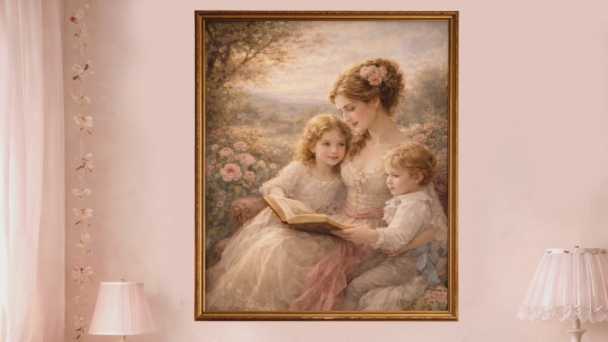 Victorian Pink Mom Reading Children Roses Canvas Wall Art Print, Woman Kids Wall Hanging Decor, Bookish  Bedroom Decor, Gift for Mom