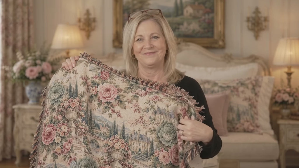 Antique Rose Cabbage Chintz Woven Blanket – French Country Floral Tapestry Throw, Romantic Grandmillennial Decor