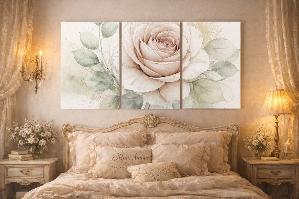 Matching 3-Piece Chateaucore Watercolor Soft Pink Rose Bedroom Canvas, French Country Shabby Chic Elegant Triptych Wall Decor