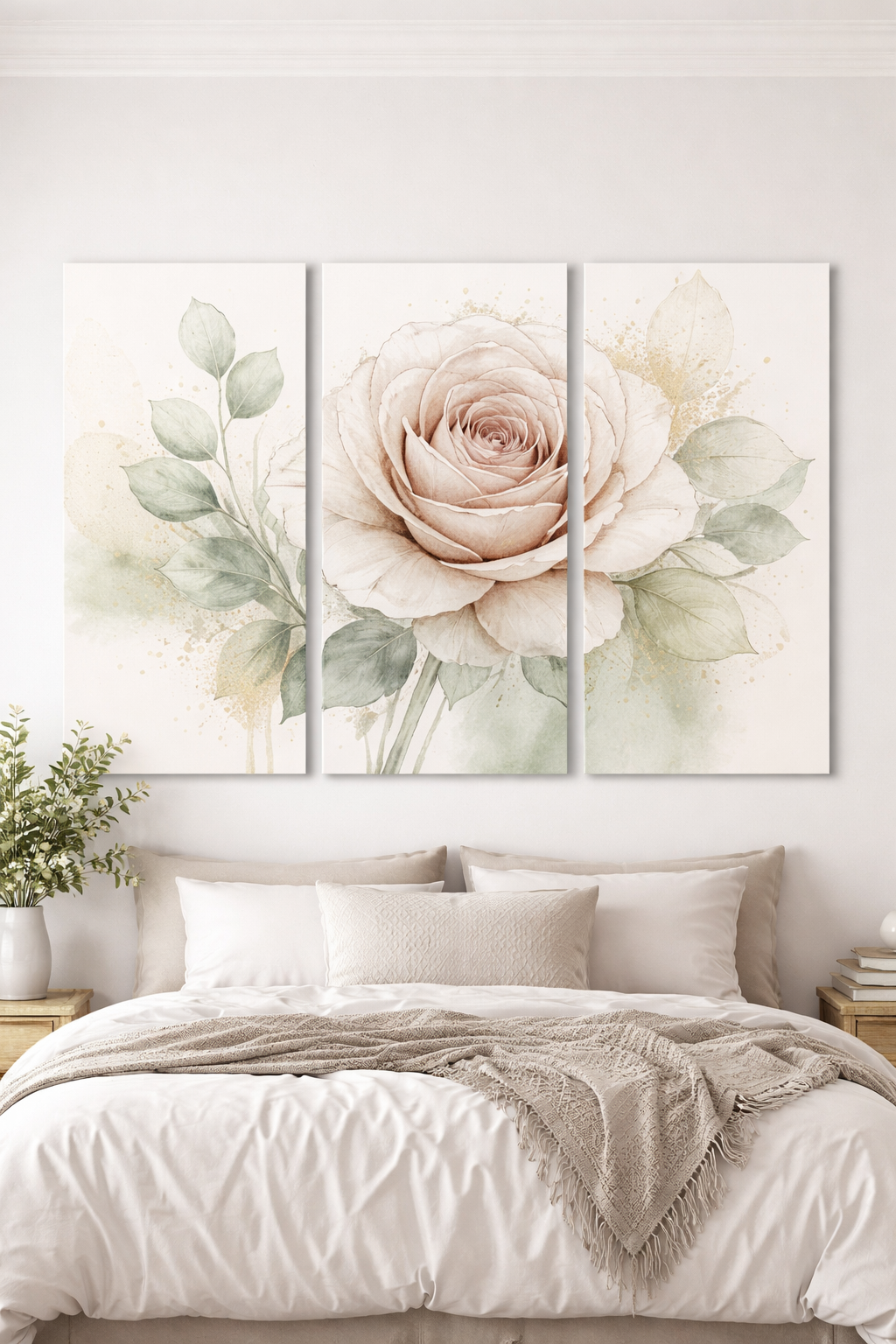 Matching 3-Piece Chateaucore Watercolor Soft Pink Rose Bedroom Canvas, French Country Shabby Chic Elegant Triptych Wall Decor