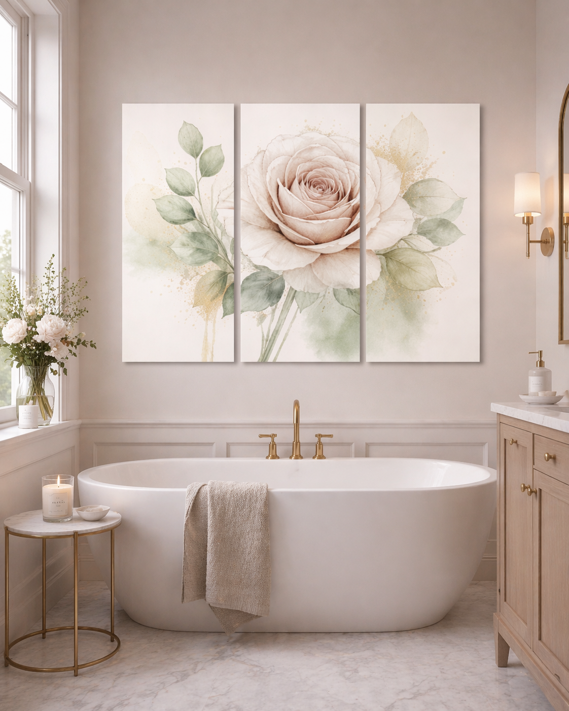 Matching 3-Piece Chateaucore Watercolor Soft Pink Rose Bedroom Canvas, French Country Shabby Chic Elegant Triptych Wall Decor