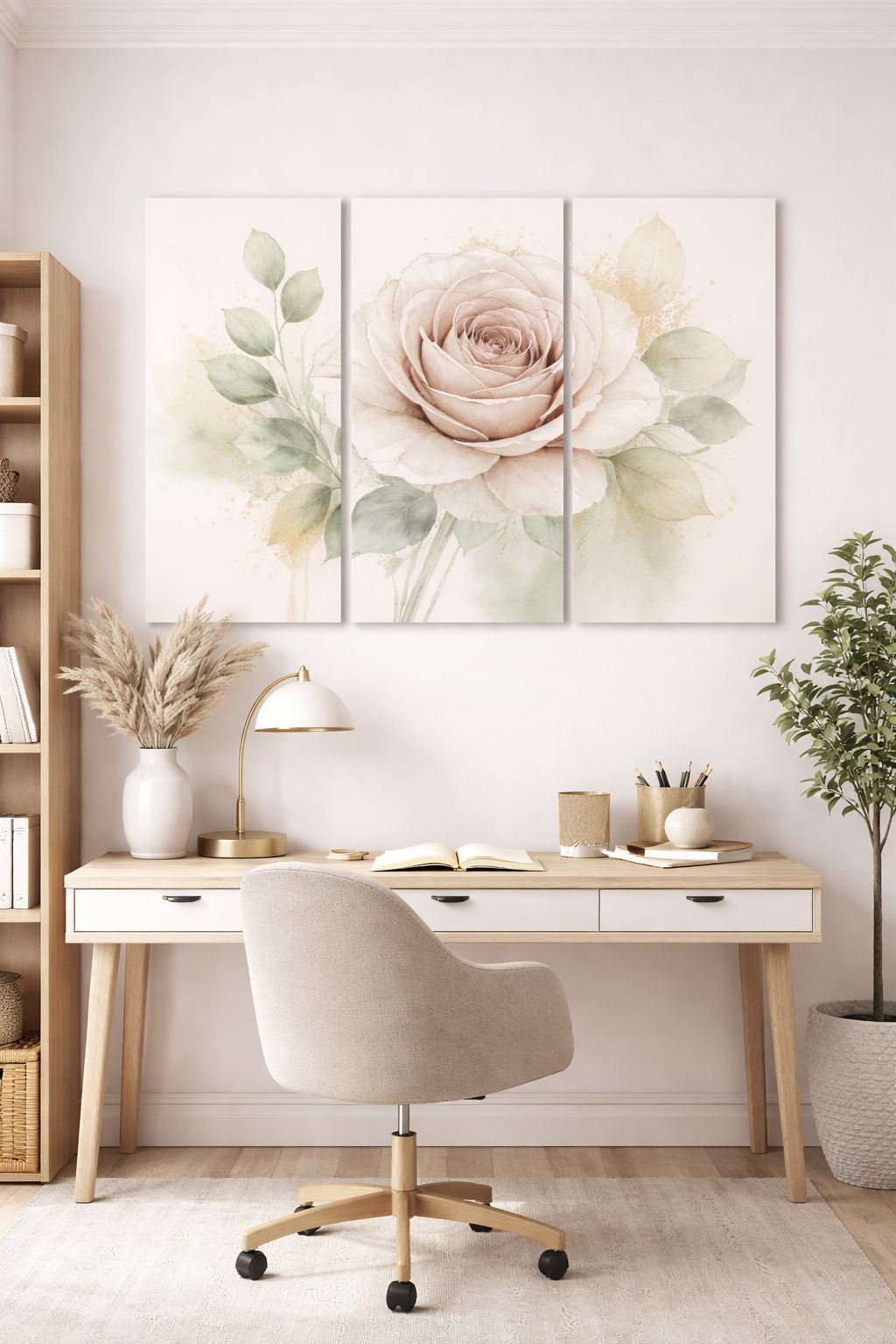 Matching 3-Piece Chateaucore Watercolor Soft Pink Rose Bedroom Canvas, French Country Shabby Chic Elegant Triptych Wall Decor