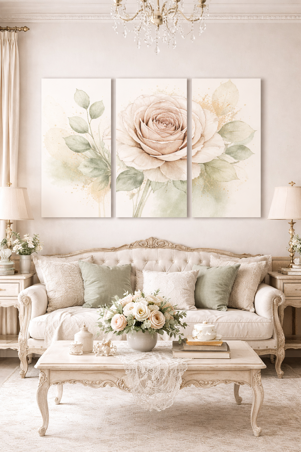 Matching 3-Piece Chateaucore Watercolor Soft Pink Rose Bedroom Canvas, French Country Shabby Chic Elegant Triptych Wall Decor