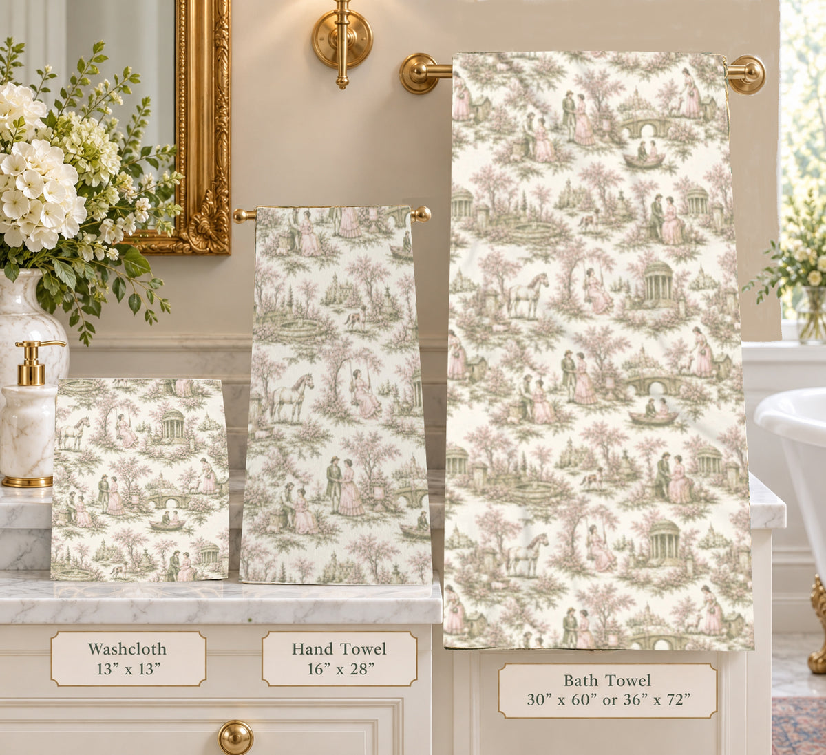 Three bathroom textiles with a matching toile-style landscape print are displayed in a styled bathroom setting: a washcloth, a hand towel, and a bath towel. The print shows figures, trees, and pastoral scenes in muted green and blush tones on a light background.