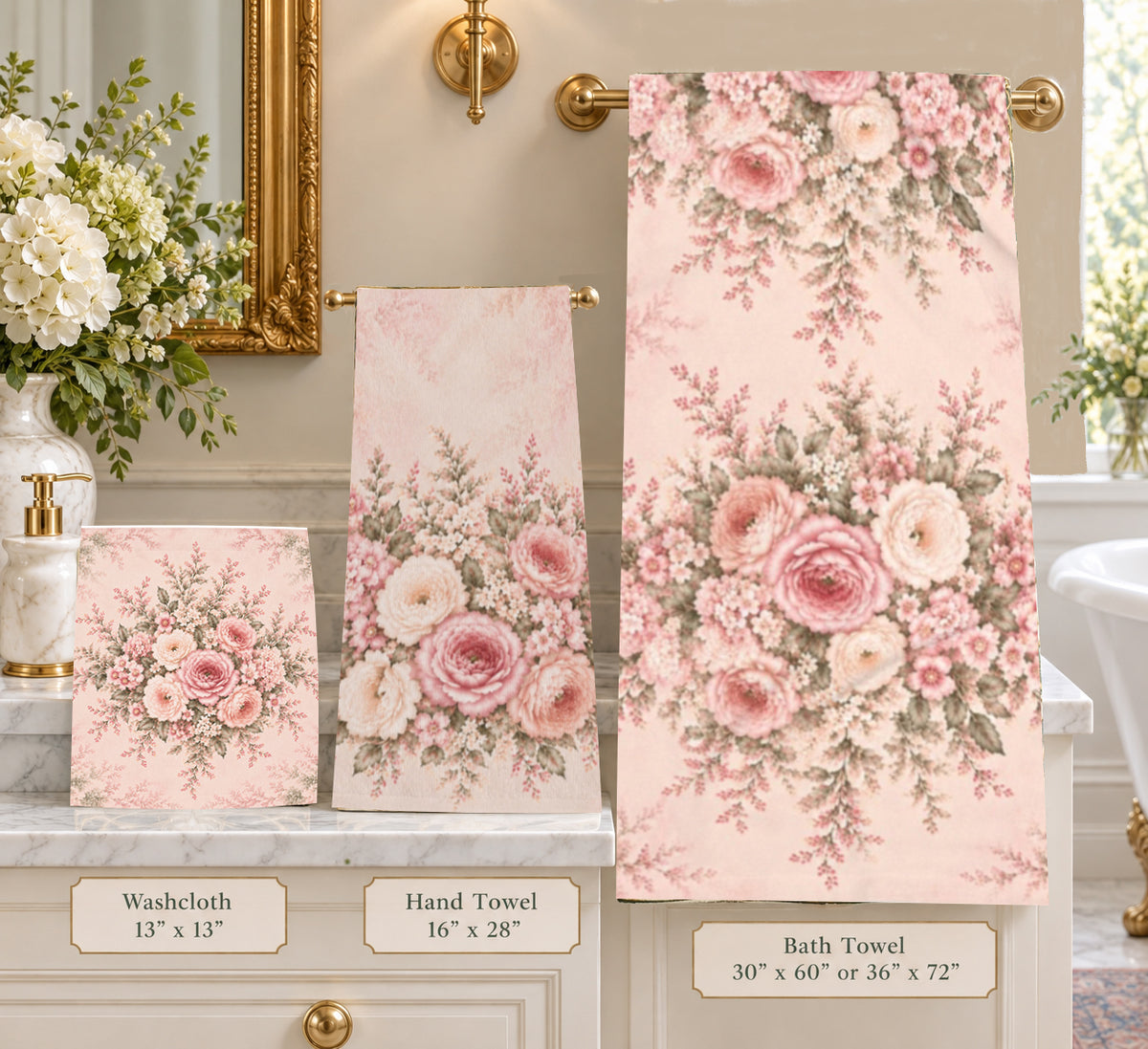 A coordinated set of floral bath towels displayed in a bathroom setting: a small washcloth, a hand towel, and a larger bath towel, all in a soft blush pink background with large rose bouquets and green foliage. Text labels show the sizes of each towel.