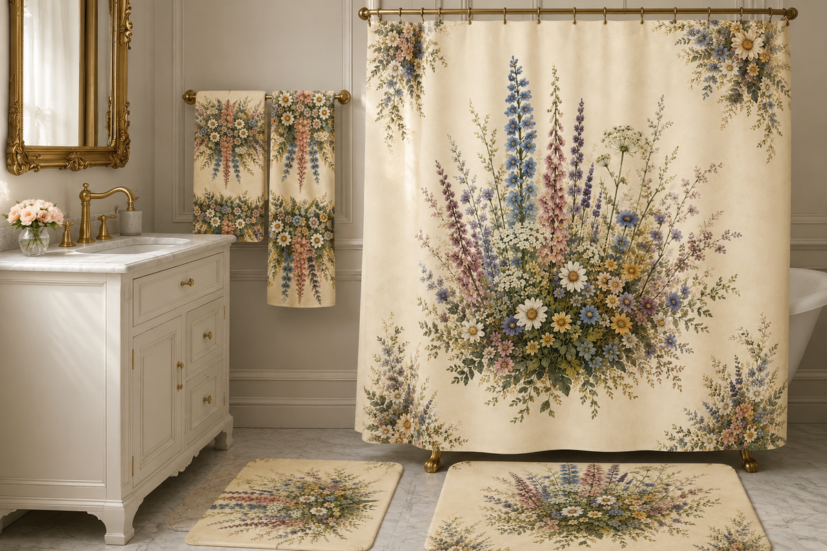 French Meadow Wildflowers 3-Piece Towel Set, Floral Bouquet Hand Towel Washcloth Large Bath Sheet Bundle